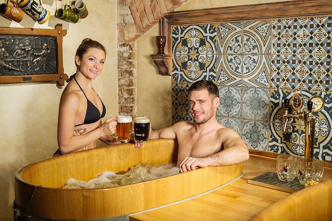 Beer bath Spa for 2 people/ 1 tub - 1,5 hour Activity in Prague - Unlimited Beer on Taps, Light and Dark Served Cold