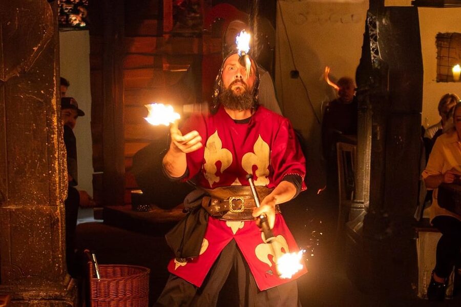 From Prague: Medieval Dinner, Show, Castle and Brewery - The medieval show: dancers, juggling, fakir, and fire