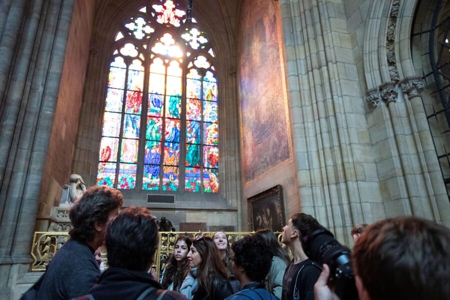 Prague Castle Interiors, Bus Tour and Vltava River Cruise - St. Vitus Cathedral Highlights: Gargoyles, Stained Glass, and the Last Judgment Mosaic
